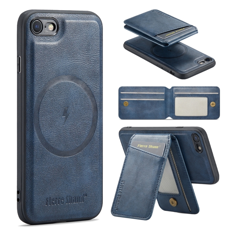 

For iPhone SE 2022 / SE 2020 / 8 / 7 Fierre Shann Cowhide Vertical Flip Magnetic Card Holder Phone Case(Blue)
