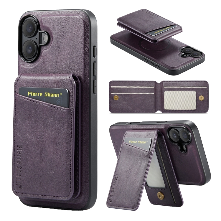 

For iPhone 16 Plus Fierre Shann Cowhide Vertical Flip Magnetic Card Holder Phone Case(Purple)