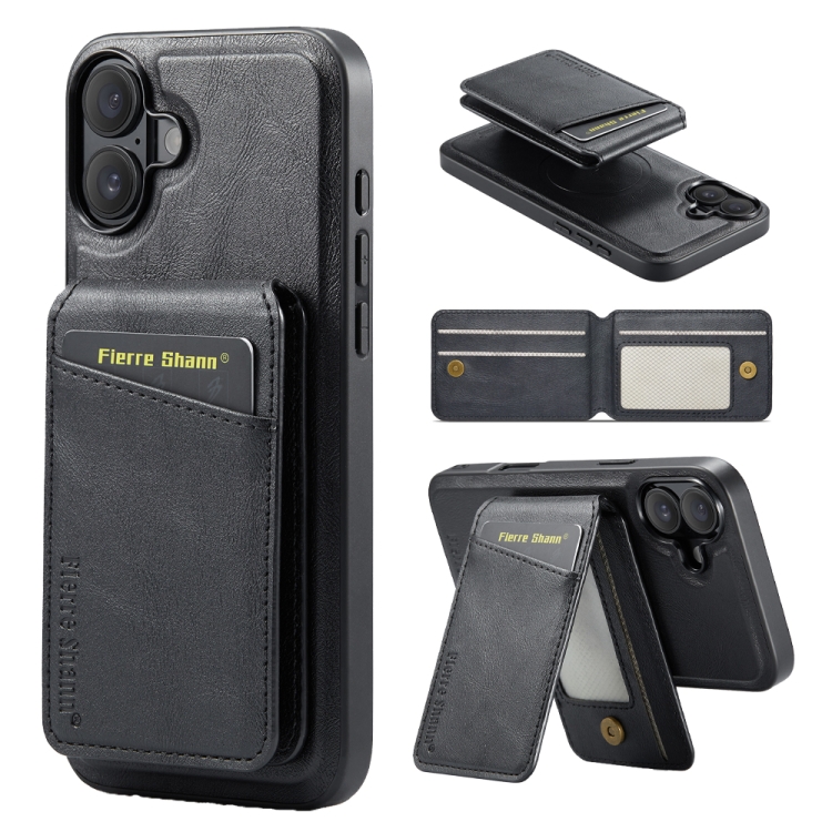

For iPhone 16 Fierre Shann Cowhide Vertical Flip Magnetic Card Holder Phone Case(Black)