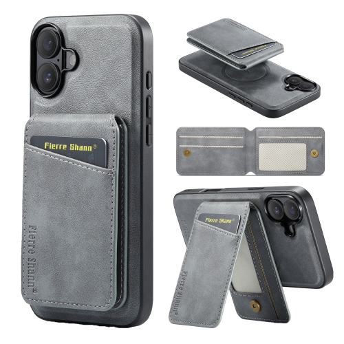 

For iPhone 16 Fierre Shann Cowhide Vertical Flip Magnetic Card Holder Phone Case(Grey)