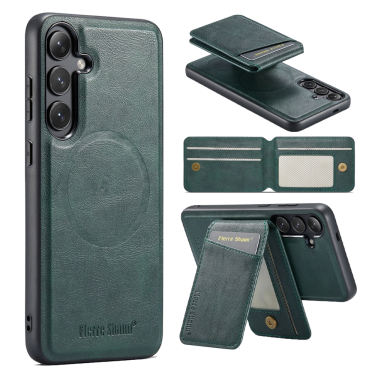 

For Samsung Galaxy S24+ 5G Fierre Shann Cowhide Vertical Flip Magnetic Card Holder Phone Case(Green)