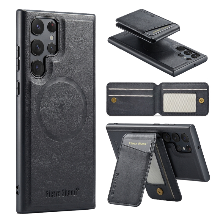 

For Samsung Galaxy S23 Ultra 5G Fierre Shann Cowhide Vertical Flip Magnetic Card Holder Phone Case(Black)