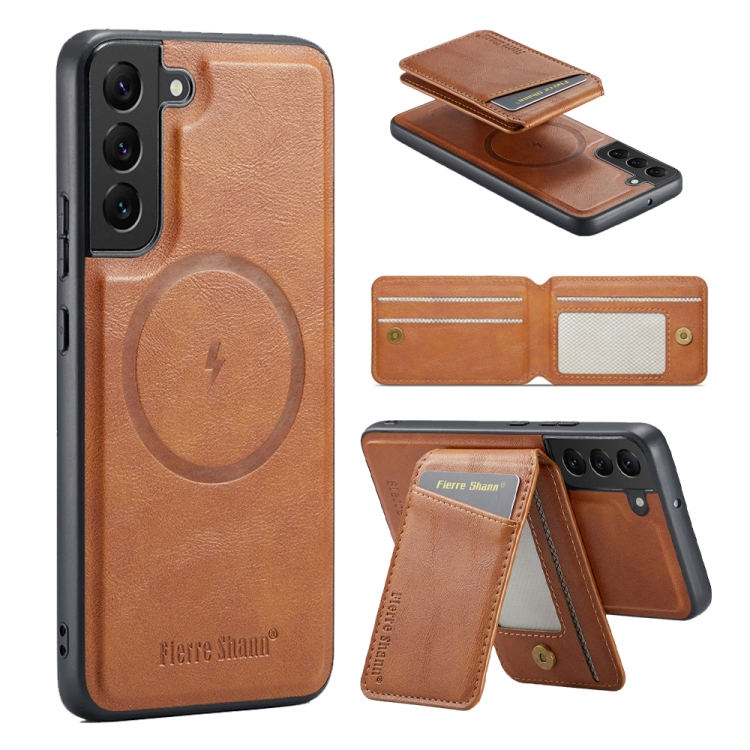

For Samsung Galaxy S22 5G Fierre Shann Cowhide Vertical Flip Magnetic Card Holder Phone Case(Brown)