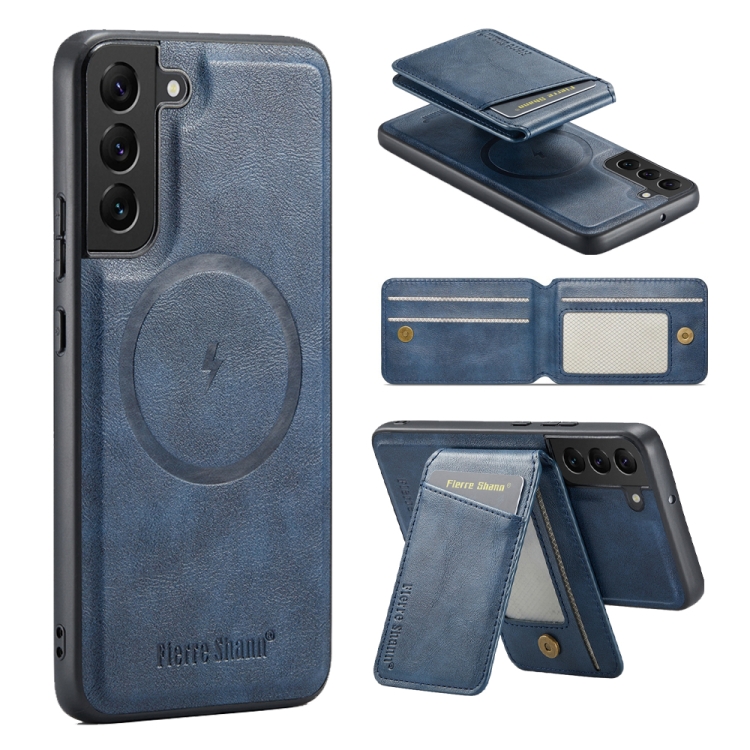 

For Samsung Galaxy S22+ 5G Fierre Shann Cowhide Vertical Flip Magnetic Card Holder Phone Case(Blue)