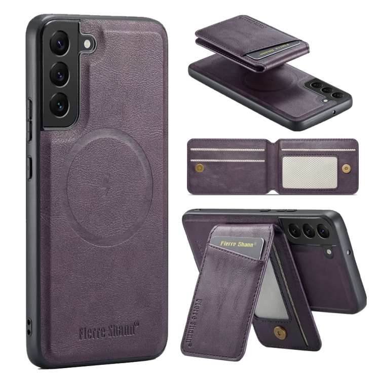

For Samsung Galaxy S22+ 5G Fierre Shann Cowhide Vertical Flip Magnetic Card Holder Phone Case(Purple)