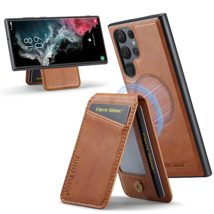 

For Samsung Galaxy S25 Ultra 5G Fierre Shann Cowhide Vertical Flip Magnetic Card Holder Phone Case(Brown)