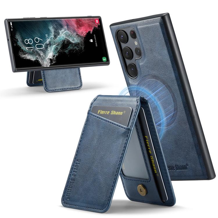 

For Samsung Galaxy S25 Ultra 5G Fierre Shann Cowhide Vertical Flip Magnetic Card Holder Phone Case(Blue)