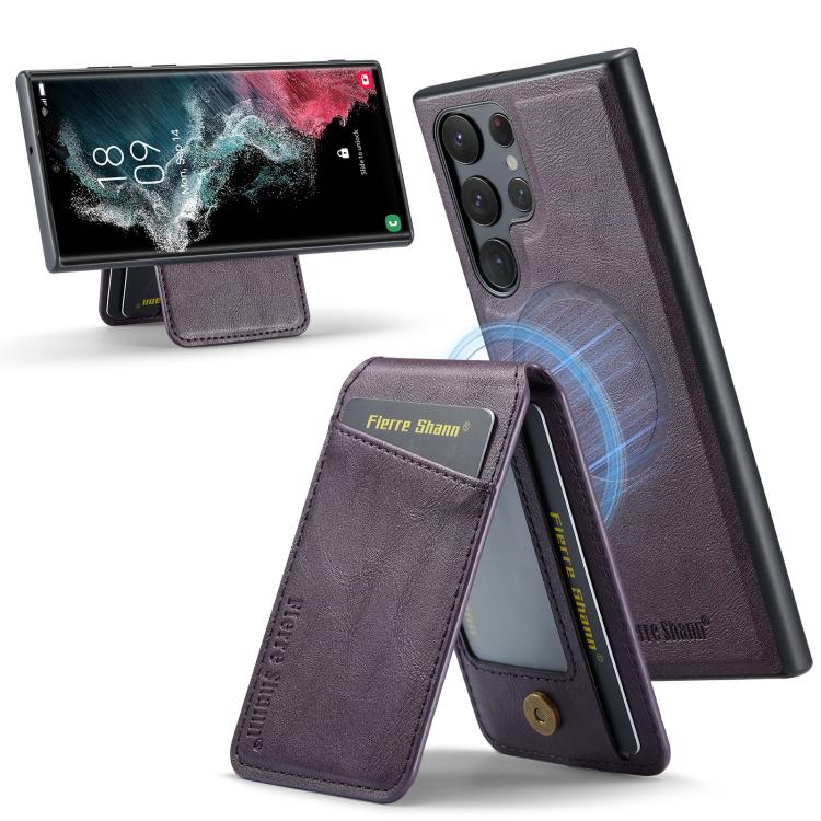 

For Samsung Galaxy S25 Ultra 5G Fierre Shann Cowhide Vertical Flip Magnetic Card Holder Phone Case(Purple)