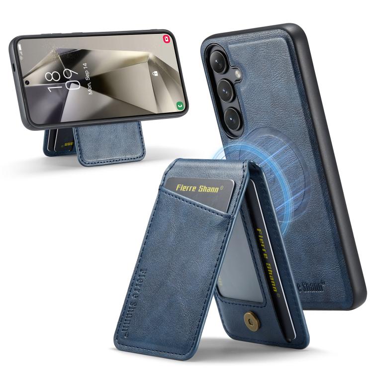 

For Samsung Galaxy S25 5G Fierre Shann Cowhide Vertical Flip Magnetic Card Holder Phone Case(Blue)