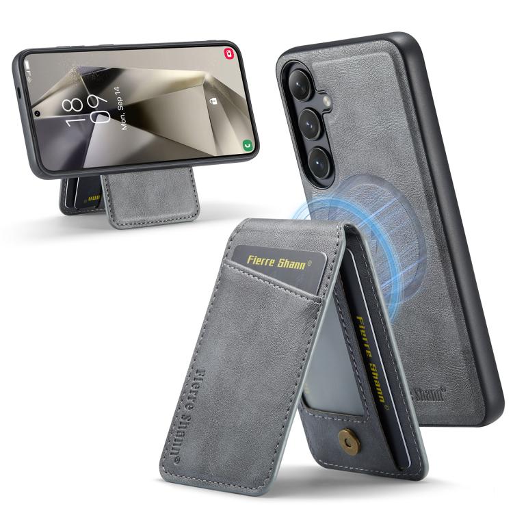 

For Samsung Galaxy S25+ 5G Fierre Shann Cowhide Vertical Flip Magnetic Card Holder Phone Case(Grey)