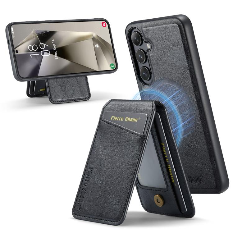 

For Samsung Galaxy S24 FE 5G Fierre Shann Cowhide Vertical Flip Magnetic Card Holder Phone Case(Black)