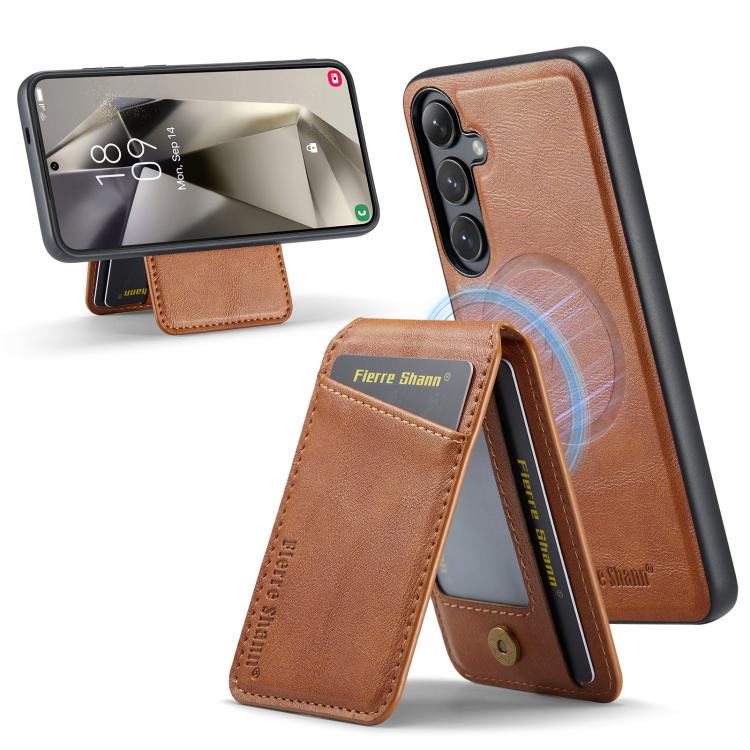 

For Samsung Galaxy S24 FE 5G Fierre Shann Cowhide Vertical Flip Magnetic Card Holder Phone Case(Brown)