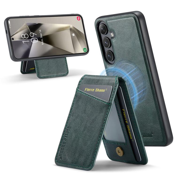 

For Samsung Galaxy S24 FE 5G Fierre Shann Cowhide Vertical Flip Magnetic Card Holder Phone Case(Green)