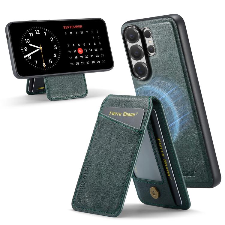 

For Samsung Galaxy S26 Ultra 5G Fierre Shann Cowhide Vertical Flip Magnetic Card Holder Phone Case(Green)