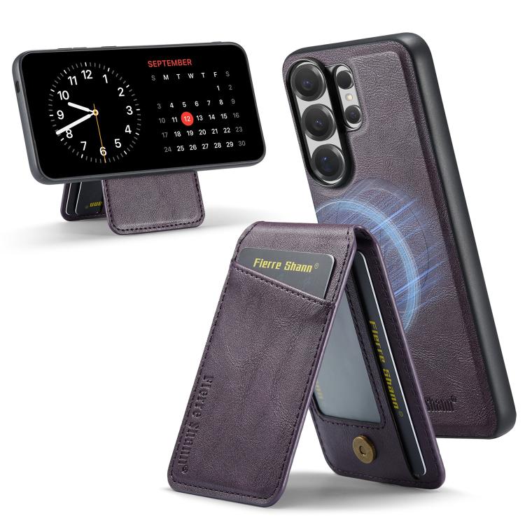 

For Samsung Galaxy S26 Ultra 5G Fierre Shann Cowhide Vertical Flip Magnetic Card Holder Phone Case(Purple)