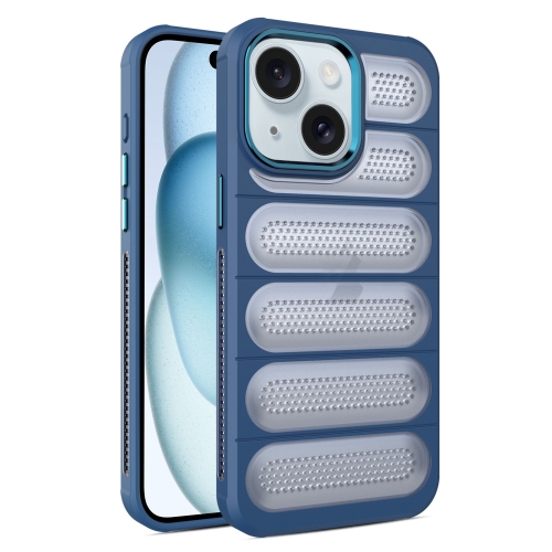 For iPhone 15 Plus Cooling Armor Translucent Mesh Breathable Phone Case(Blue) fagadoer elegant office lady two piece sets women turndown collar zipper coat and pants outfit female mesh patchwork solid suits