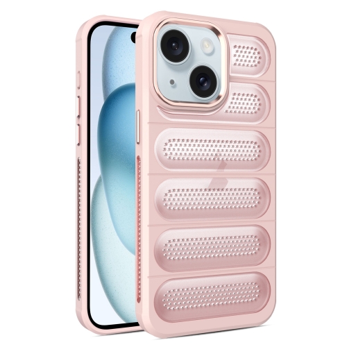 For iPhone 15 Cooling Armor Translucent Mesh Breathable Phone Case(Pink) for iphone 13 pro imd colorful gradient acrylic phone case pink