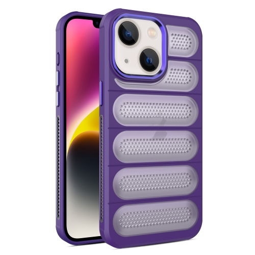 For iPhone 14 Plus Cooling Armor Translucent Mesh Breathable Phone Case(Purple) new heavy industry hair band inlaid with rhinestone mesh red sponge wide edge headband baroque retro hair jewelry