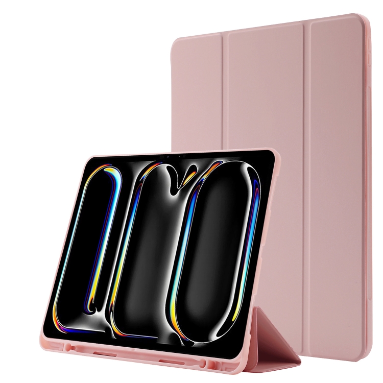 For iPad Pro 11 2025 / 2024 Skin Feel Tri-fold Leather Tablet Case with Pen Slot(Pink)