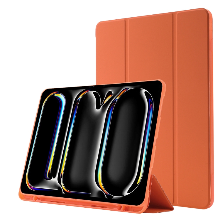 

For iPad Pro 11 2024 Skin Feel Tri-fold Leather Tablet Case with Pen Slot(Orange)