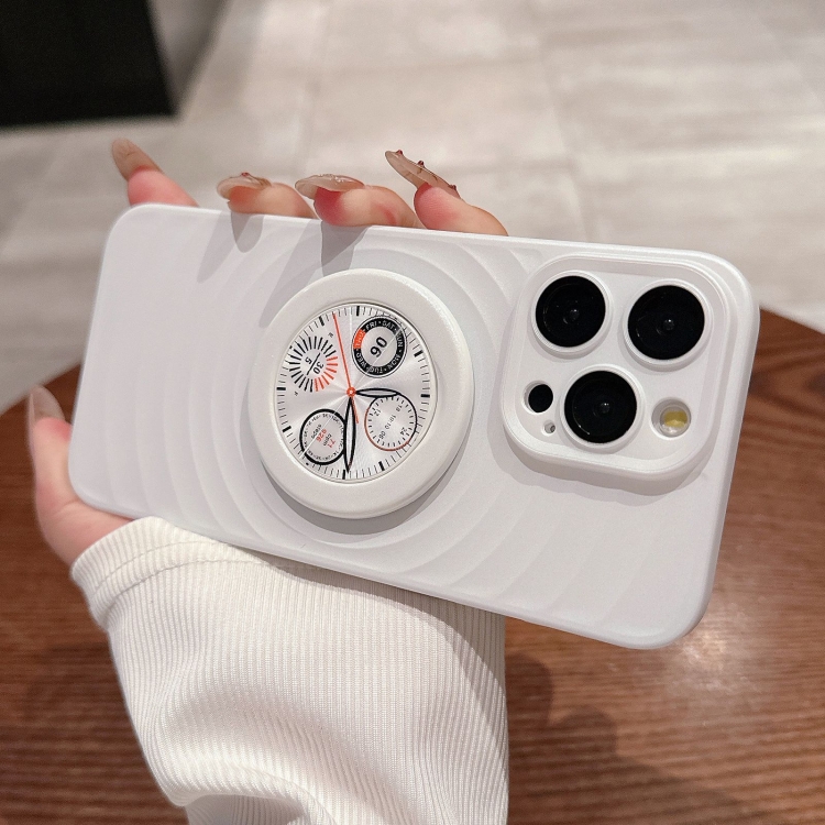 

For iPhone 15 Pro Max Wave Texture PC Shockproof Phone Case with Holder(White)