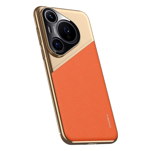

For Huawei Pura 70 Pro / Pura 70 Pro+ Plain Leather Electroplated PC Frame Phone Case(Orange)