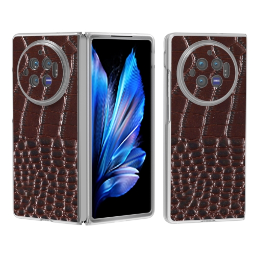 

For vivo X Fold3 Frosted Transparent Edge Genuine Leather Crocodile Pattern Phone Case(Coffee)