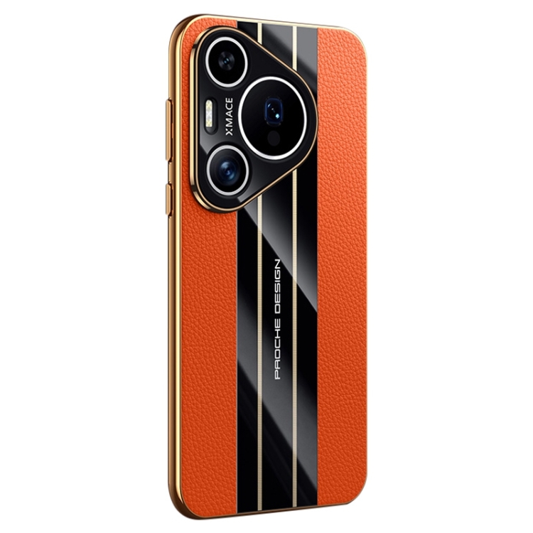 

For Huawei Pura 70 Pro / Pura 70 Pro+ Electroplated Paint Hybrid Frame Genuine Leather Phone Case(Orange)