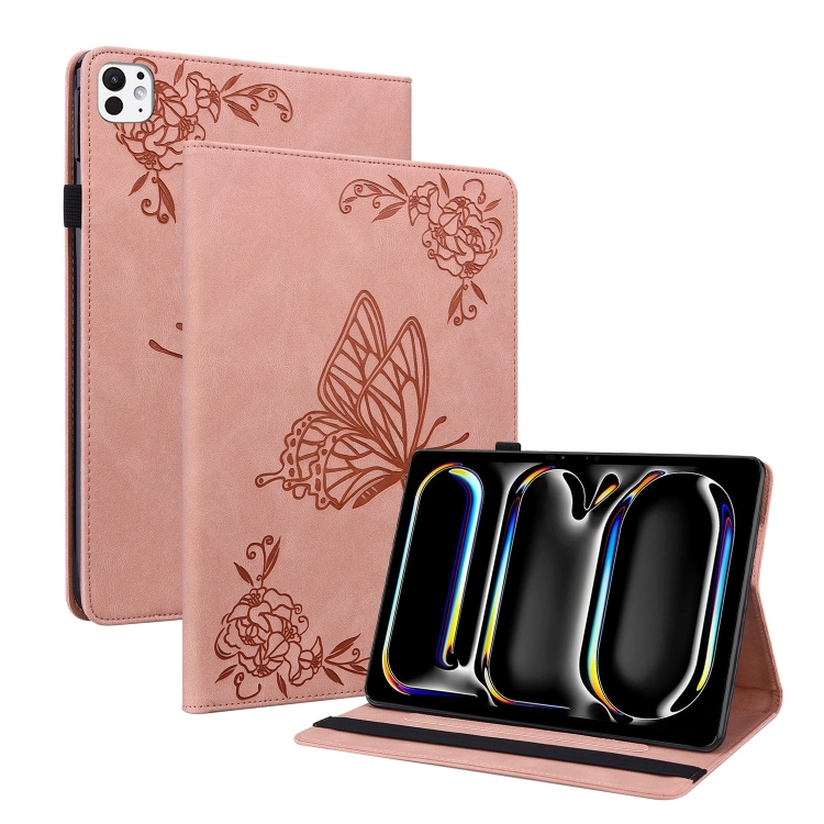 

For iPad Pro 11 2024 Butterfly Flower Embossed Leather Tablet Case(Rose Gold)