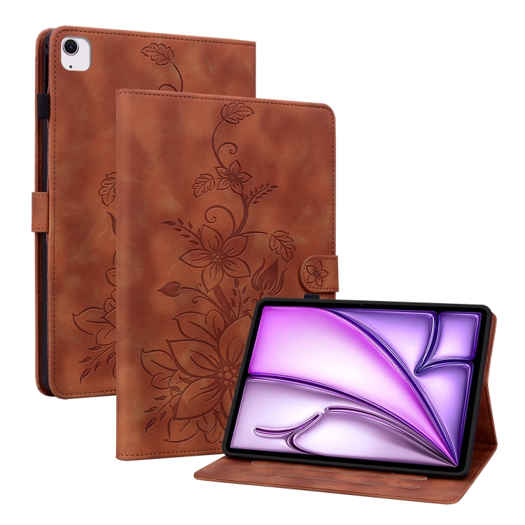 

For iPad Air 13 2024 Lily Embossed Leather Smart Tablet Case(Brown)
