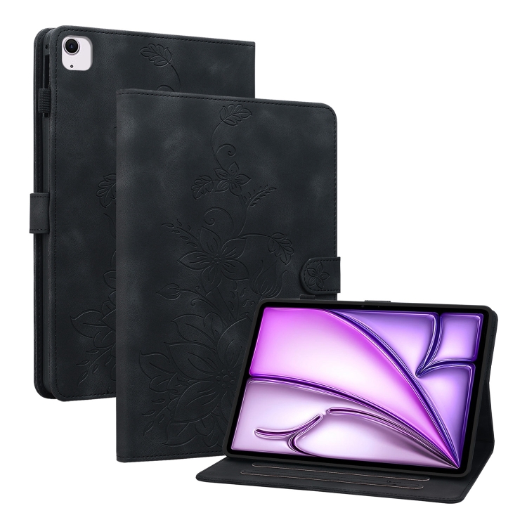

For iPad Air 11 2024 Lily Embossed Leather Smart Tablet Case(Black)