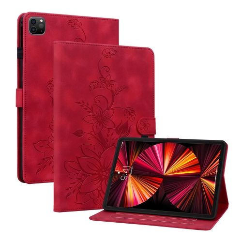 

For iPad Pro 12.9 2022 / 2021 / 2020 Lily Embossed Leather Smart Tablet Case(Red)