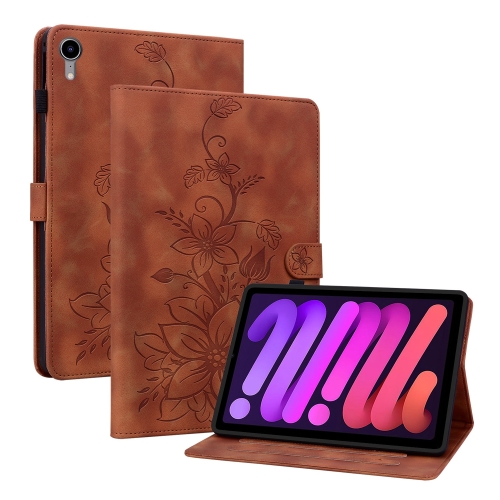 

For iPad mini 6 / mini 2024 Lily Embossed Leather Smart Tablet Case(Brown)