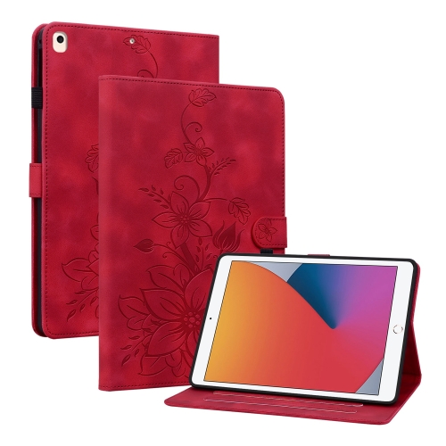 

For iPad Air / Air 2 / 9.7 2017 / 2018 Lily Embossed Leather Smart Tablet Case(Red)