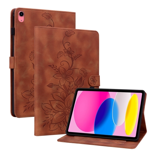 

For iPad 10th Gen 10.9 2022 Lily Embossed Leather Smart Tablet Case(Brown)