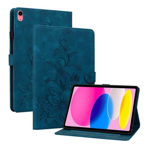 

For iPad 10th Gen 10.9 2022 Lily Embossed Leather Smart Tablet Case(Dark Blue)