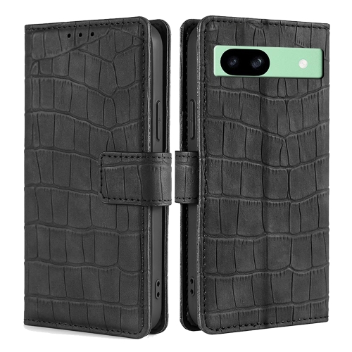 

For Google Pixel 8a Skin Feel Crocodile Magnetic Clasp Leather Phone Case(Black)