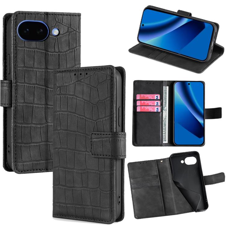 

For Google Pixel 10a Skin Feel Crocodile Magnetic Clasp Leather Phone Case(Black)