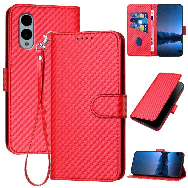 

For Fujitsu Arrows We2 YX0070 Carbon Fiber Buckle Leather Phone Case with Lanyard(Red)