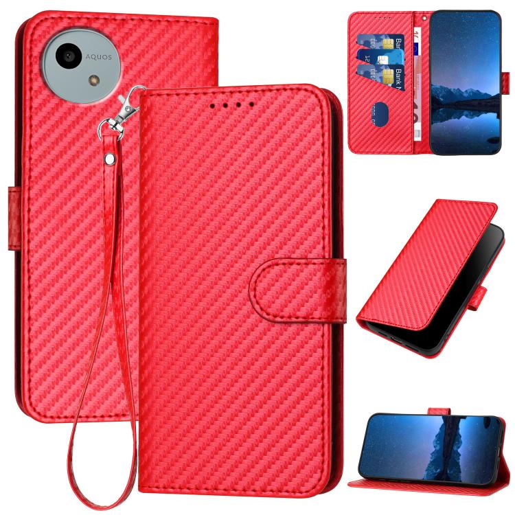 

For Sharp Aquos wish5 YX0070 Carbon Fiber Buckle Leather Phone Case with Lanyard(Red)