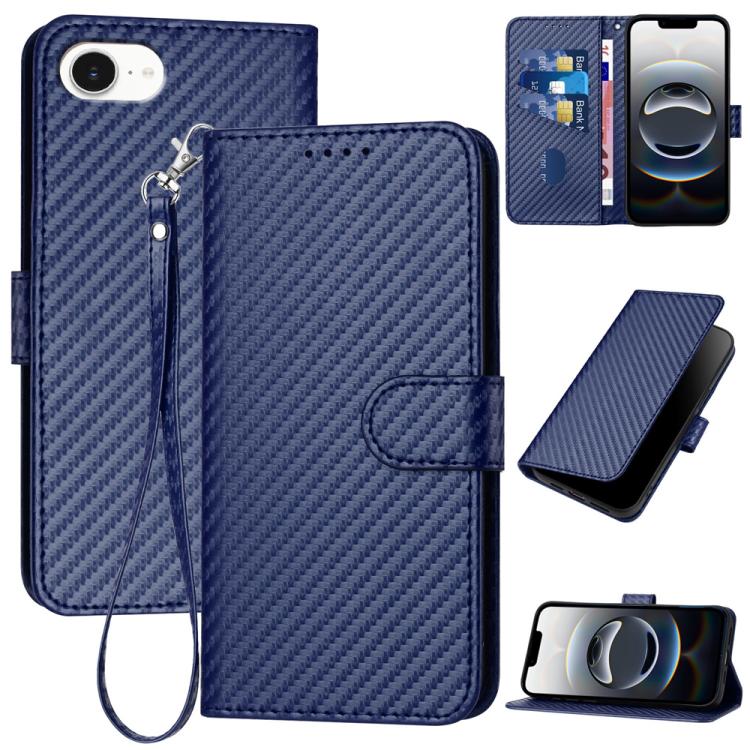 

For iPhone 16e YX0070 Carbon Fiber Buckle Leather Phone Case with Lanyard(Royal Blue)
