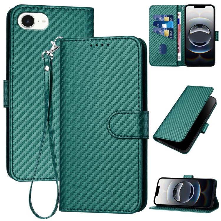 

For iPhone 16e YX0070 Carbon Fiber Buckle Leather Phone Case with Lanyard(Dark Green)