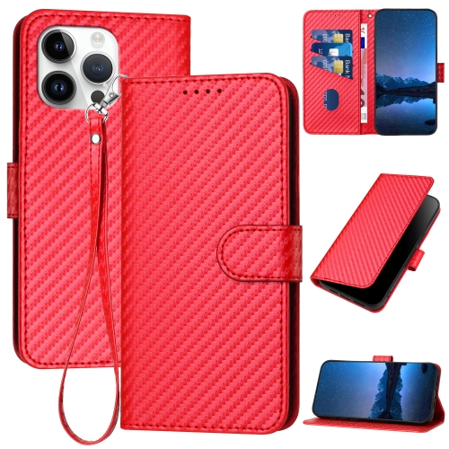 

For iPhone 15 Pro Max YX0070 Carbon Fiber Buckle Leather Phone Case with Lanyard(Red)