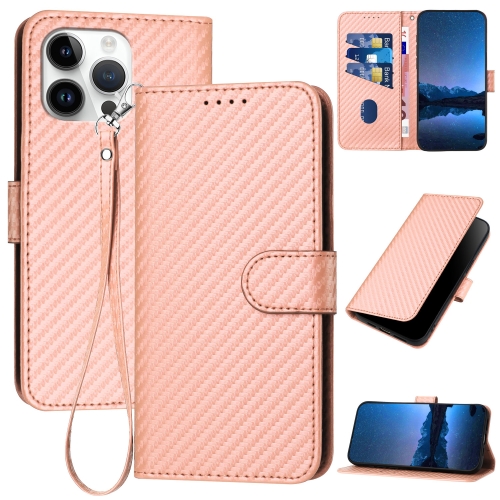 

For iPhone 15 Pro Max YX0070 Carbon Fiber Buckle Leather Phone Case with Lanyard(Pink)