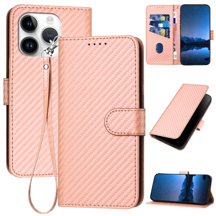 

For iPhone 15 Pro YX0070 Carbon Fiber Buckle Leather Phone Case with Lanyard(Pink)