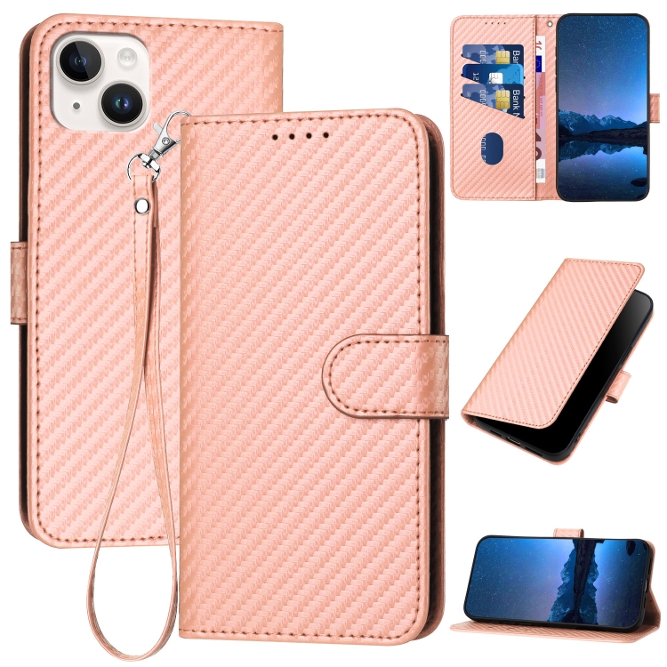

For iPhone 15 Plus YX0070 Carbon Fiber Buckle Leather Phone Case with Lanyard(Pink)