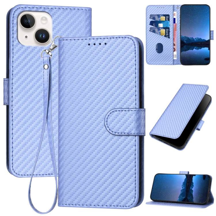 

For iPhone 15 YX0070 Carbon Fiber Buckle Leather Phone Case with Lanyard(Light Purple)