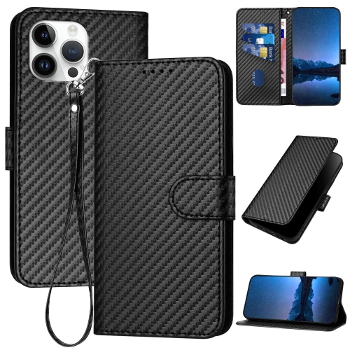 

For iPhone 14 Pro Max YX0070 Carbon Fiber Buckle Leather Phone Case with Lanyard(Black)