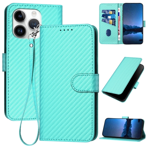 

For iPhone 14 Pro YX0070 Carbon Fiber Buckle Leather Phone Case with Lanyard(Light Blue)