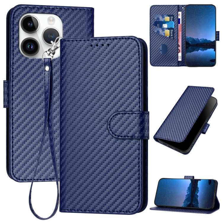

For iPhone 14 Pro YX0070 Carbon Fiber Buckle Leather Phone Case with Lanyard(Royal Blue)